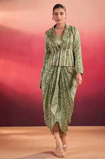 green silk blend printed lehenga choli
