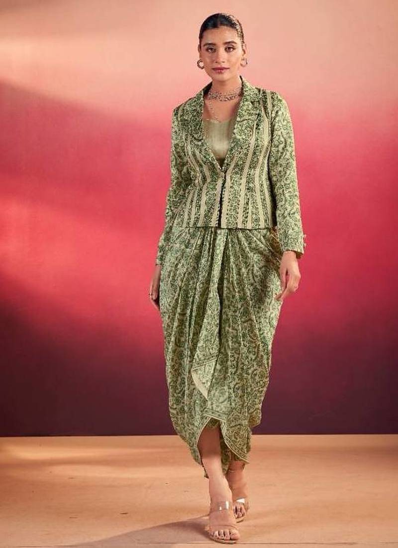 green silk blend printed lehenga choli