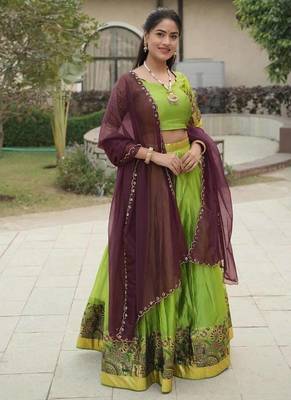 parrot green silk blend plain lehenga choli 2