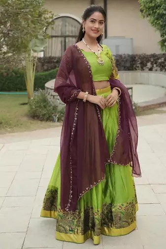 parrot green silk blend plain lehenga choli