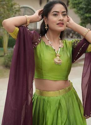 parrot green silk blend plain lehenga choli 3