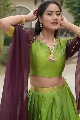 parrot green silk blend plain lehenga choli