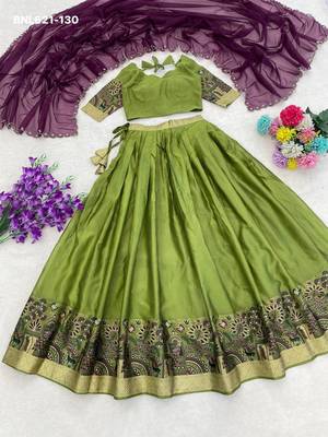 parrot green silk blend plain lehenga choli 4