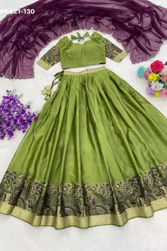 parrot green silk blend plain lehenga choli