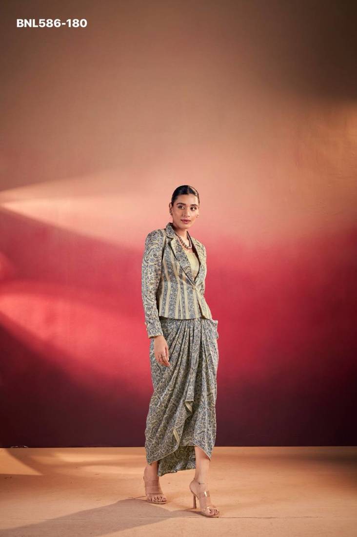 slate grey silk blend printed lehenga choli