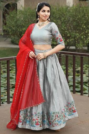 grey silk hand woven lehenga choli