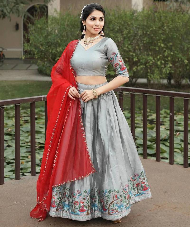 grey silk hand woven lehenga choli