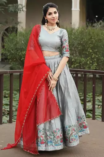 grey silk hand woven lehenga choli