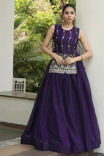 dark purple satin plain lehenga choli