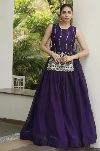 dark purple satin plain lehenga choli