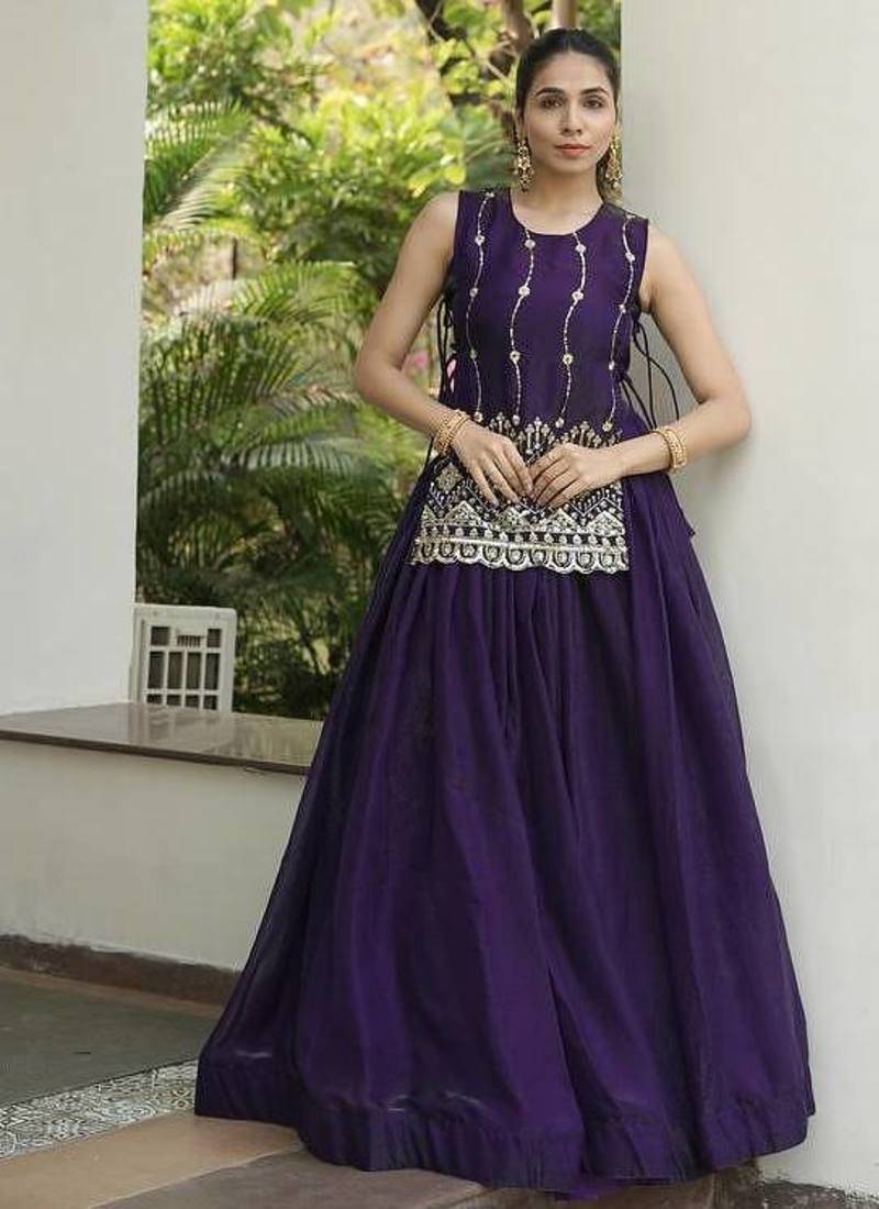dark purple satin plain lehenga choli