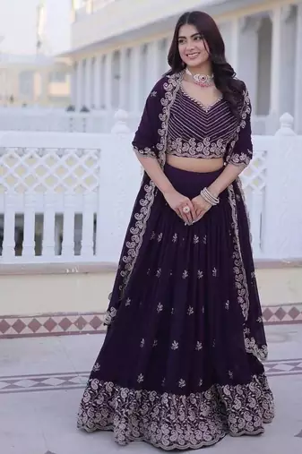 dark purple georgette embroidered lehenga choli