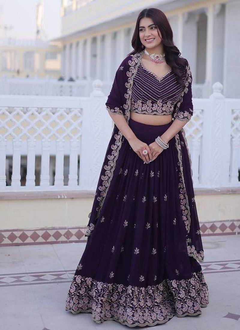 dark purple georgette embroidered lehenga choli
