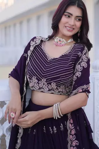 dark purple georgette embroidered lehenga choli