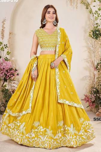 mustard chinon embroidered lehenga choli