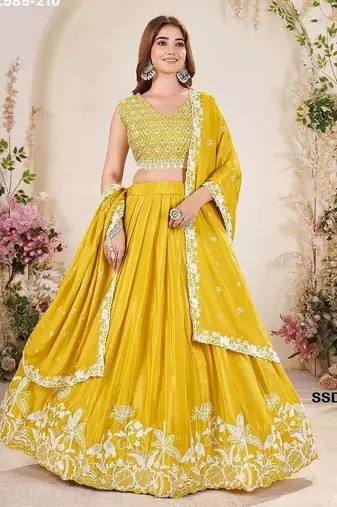 mustard chinon embroidered lehenga choli