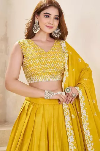 mustard chinon embroidered lehenga choli