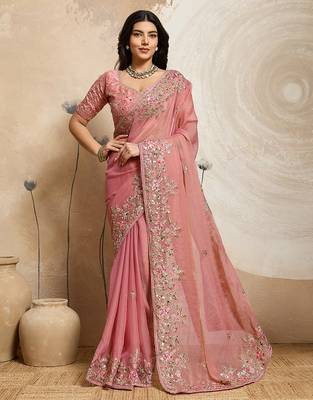 Peach color embroidery work nxc moss chiffon silk party wear saree with heavy work  blouse piece 1