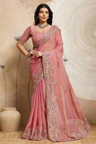 Peach color embroidery work nxc moss chiffon silk party wear saree with heavy work  blouse piece