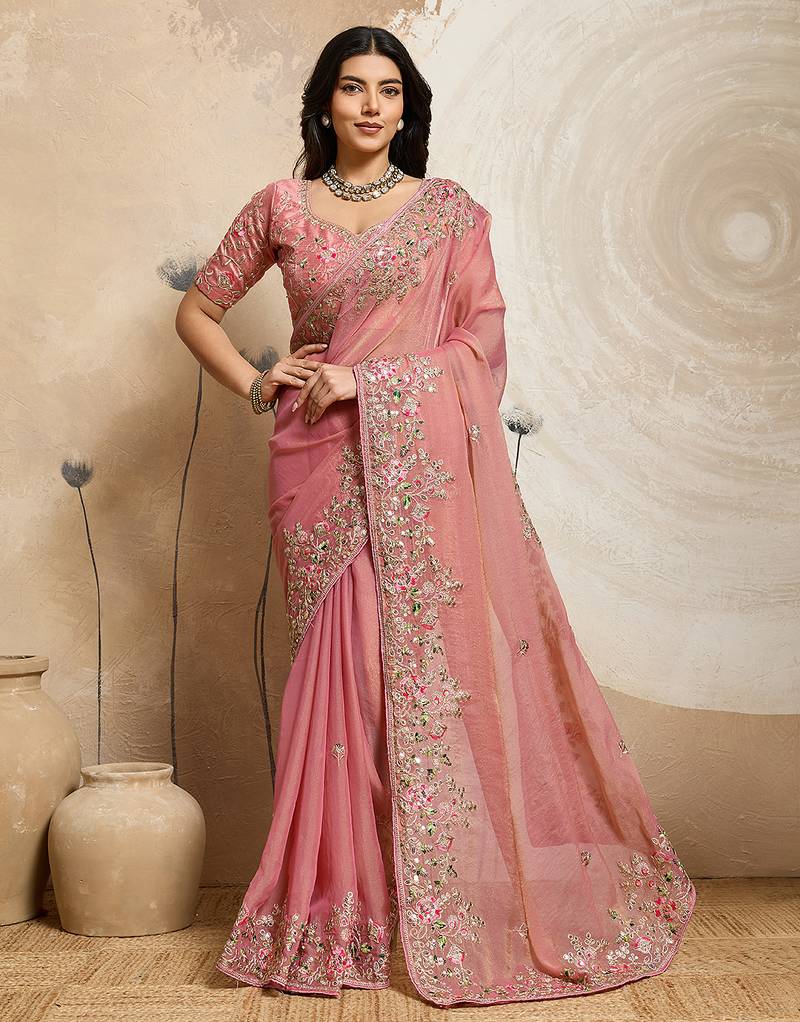 Peach color embroidery work nxc moss chiffon silk party wear saree with heavy work  blouse piece