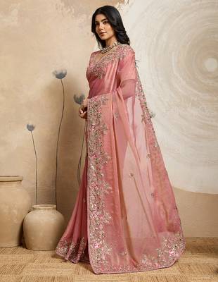 Peach color embroidery work nxc moss chiffon silk party wear saree with heavy work  blouse piece 2