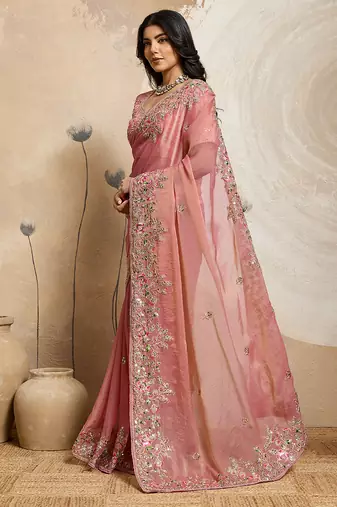 Peach color embroidery work nxc moss chiffon silk party wear saree with heavy work  blouse piece
