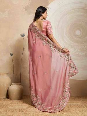 Peach color embroidery work nxc moss chiffon silk party wear saree with heavy work  blouse piece 3