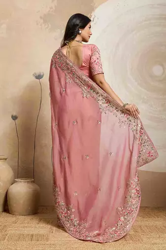 Peach color embroidery work nxc moss chiffon silk party wear saree with heavy work  blouse piece