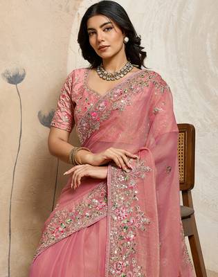 Peach color embroidery work nxc moss chiffon silk party wear saree with heavy work  blouse piece 4