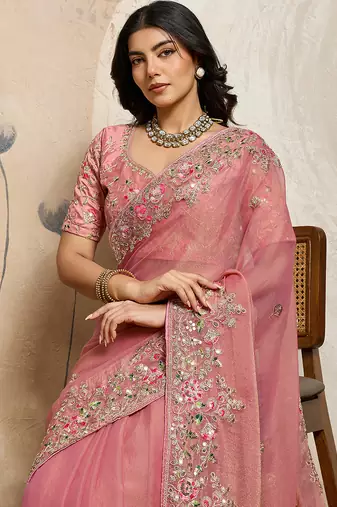 Peach color embroidery work nxc moss chiffon silk party wear saree with heavy work  blouse piece