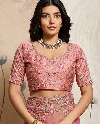 Peach color embroidery work nxc moss chiffon silk party wear saree with heavy work  blouse piece 5