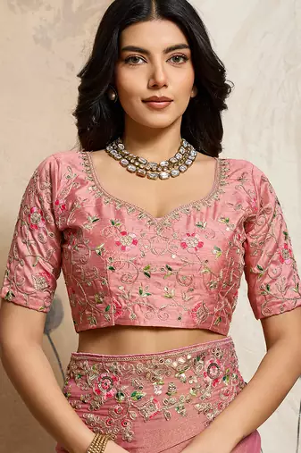Peach color embroidery work nxc moss chiffon silk party wear saree with heavy work  blouse piece