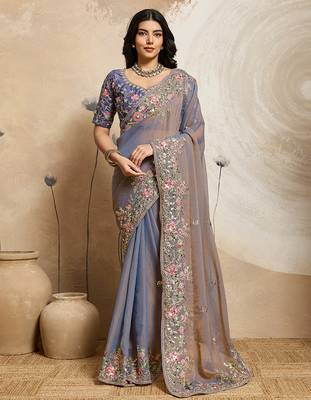 Grey color embroidery work nxc moss chiffon silk party wear saree with heavy work  blouse piece 1