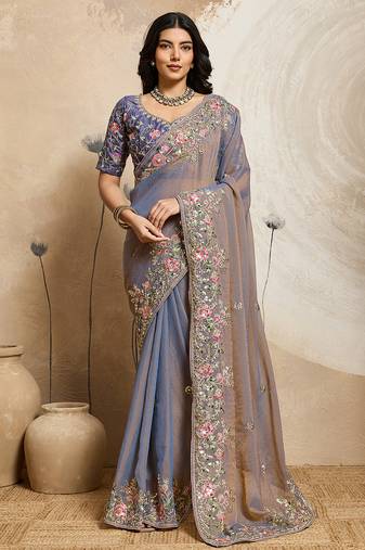 Grey color embroidery work nxc moss chiffon silk party wear saree with heavy work  blouse piece