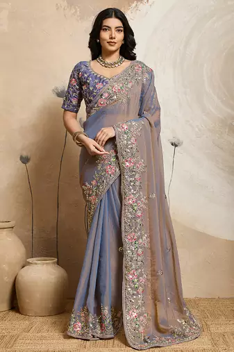 Grey color embroidery work nxc moss chiffon silk party wear saree with heavy work  blouse piece