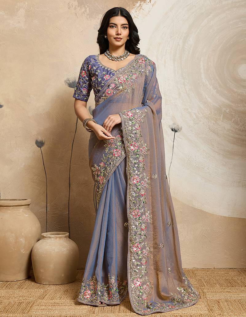 Grey color embroidery work nxc moss chiffon silk party wear saree with heavy work  blouse piece