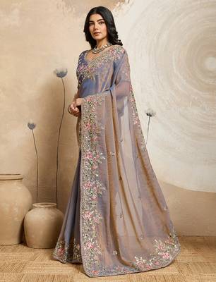 Grey color embroidery work nxc moss chiffon silk party wear saree with heavy work  blouse piece 2