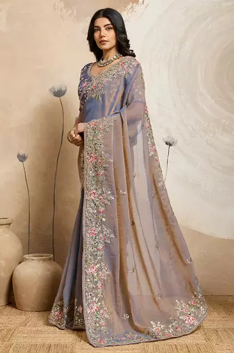 Grey color embroidery work nxc moss chiffon silk party wear saree with heavy work  blouse piece