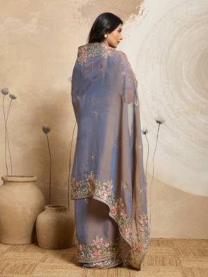 Grey color embroidery work nxc moss chiffon silk party wear saree with heavy work  blouse piece 3