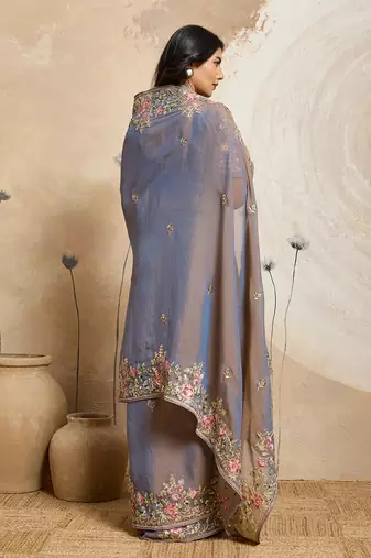 Grey color embroidery work nxc moss chiffon silk party wear saree with heavy work  blouse piece