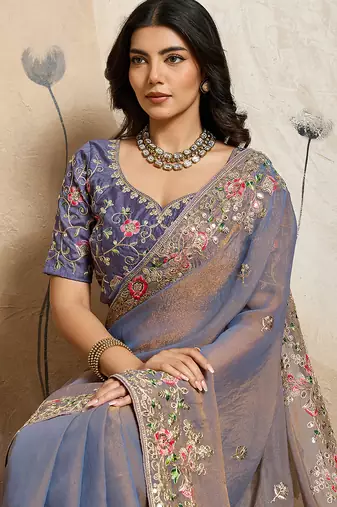 Grey color embroidery work nxc moss chiffon silk party wear saree with heavy work  blouse piece
