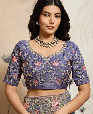 Grey color embroidery work nxc moss chiffon silk party wear saree with heavy work  blouse piece 5