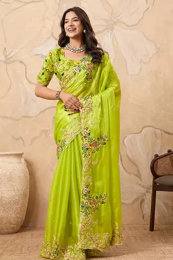 Green color  embroidery  work tissur silk party wear saree with heavy work  blouse piece