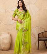 Green color  embroidery  work tissur silk party wear saree with heavy work  blouse piece