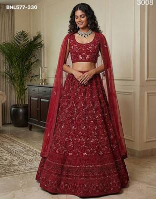 maroon net embroidered lehenga choli 1