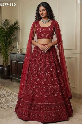 maroon net embroidered lehenga choli