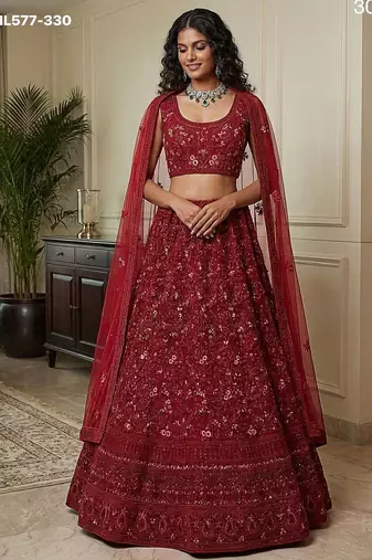 maroon net embroidered lehenga choli