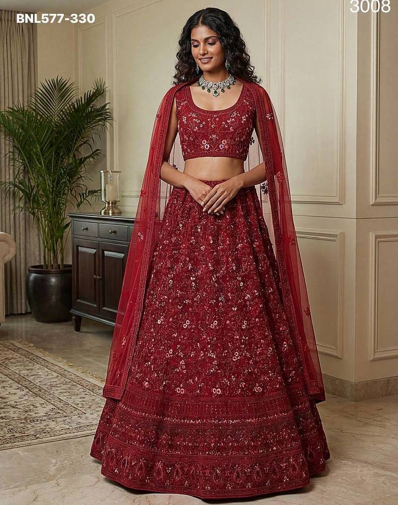 maroon net embroidered lehenga choli