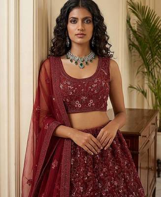 maroon net embroidered lehenga choli 2