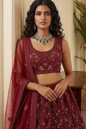 maroon net embroidered lehenga choli